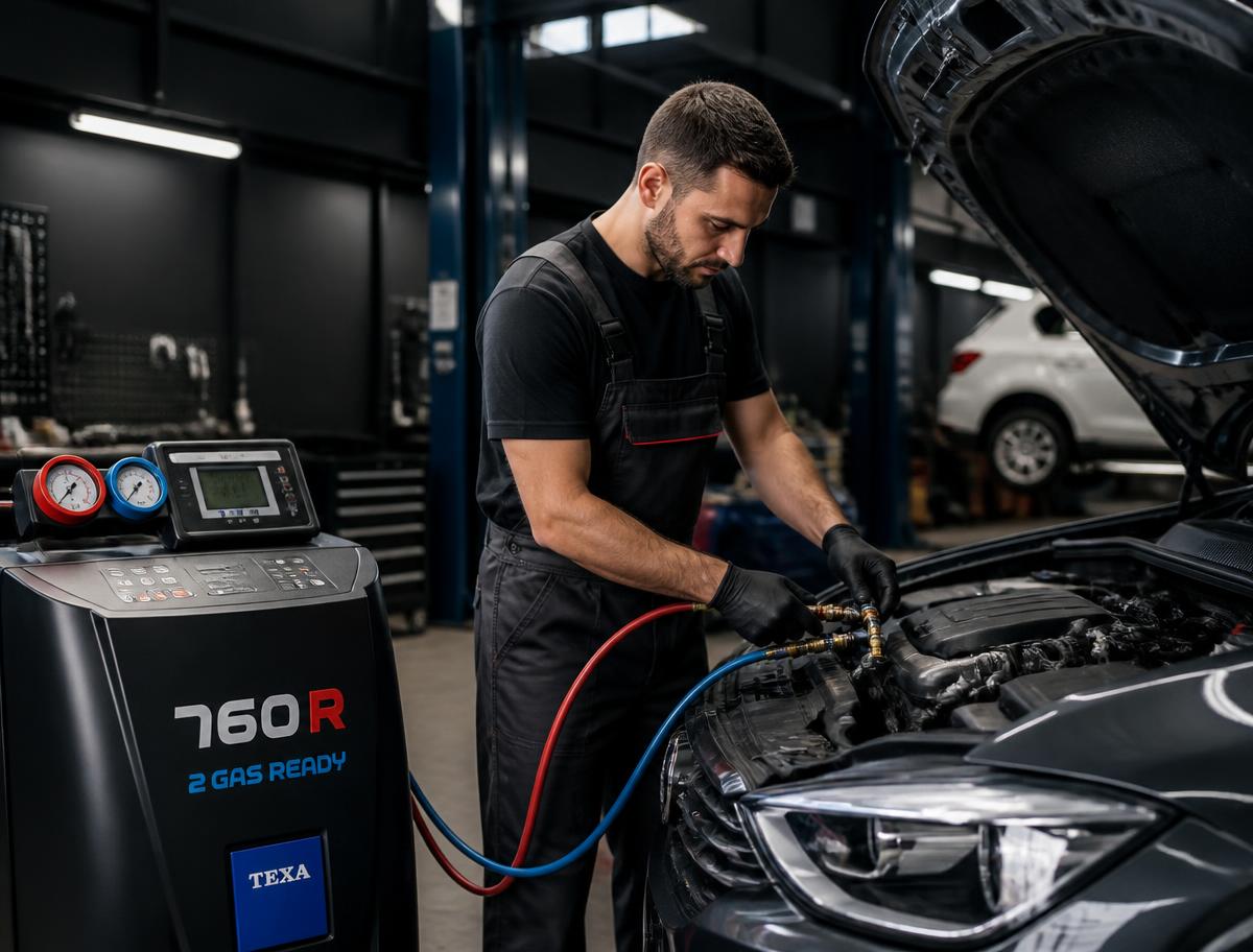 Air conditioning regas machine connected to a vehicle