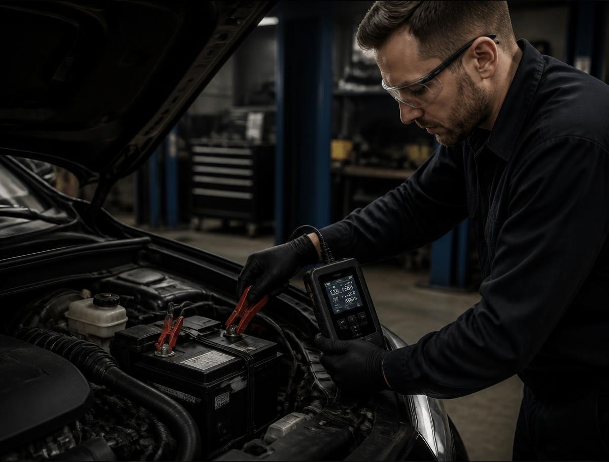 Car battery being tested and replaced in the workshop