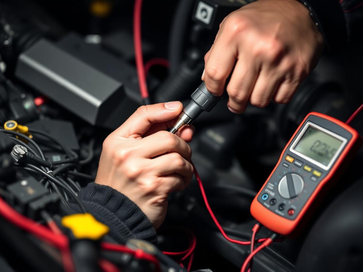 Auto electrician tracing a wiring fault under the dashboard